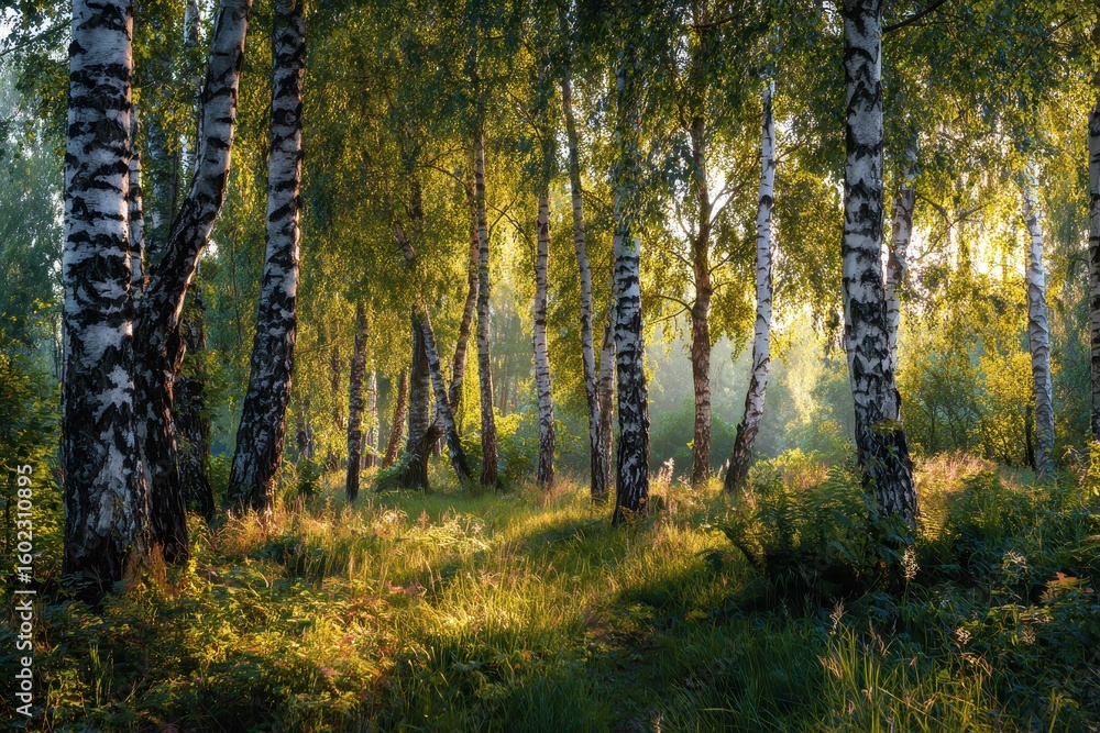 Fototapeta premium morning sunlight in a birch grove