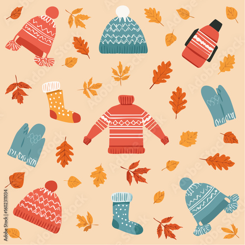 A whimsical illustration featuring various winter clothing items and autumn leaves scattered on a warm background.