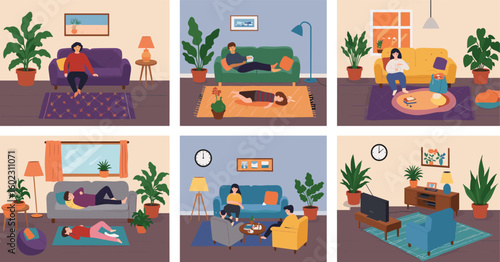 People relaxing in cozy living rooms, watching TV, reading, napping, and spending leisure time at home with plants and comfort