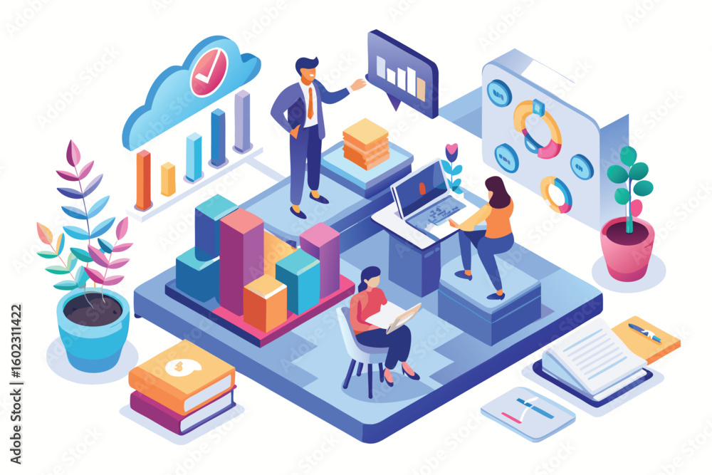 Team members collaborating in a vibrant workspace with charts, graphs, and digital tools to analyze data and develop strategies for growth Team members collaborating in a vibrant workspace with charts, graphs, and digital tools to analyze data and develop strategies for growth