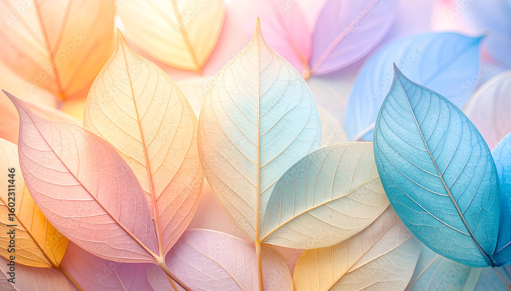 A colorful arrangement of translucent leaves in pastel shades. A colorful arrangement of translucent leaves in pastel shades.