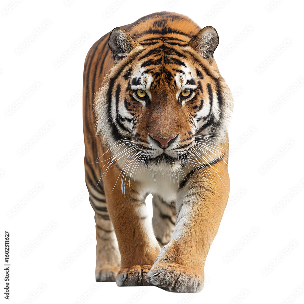 Obraz premium Powerful tiger in a low prowling stance and muscular frame and sharp focus and jungle predator style and isolated white background Batch realistic clean bright simple modern stock image isolated o