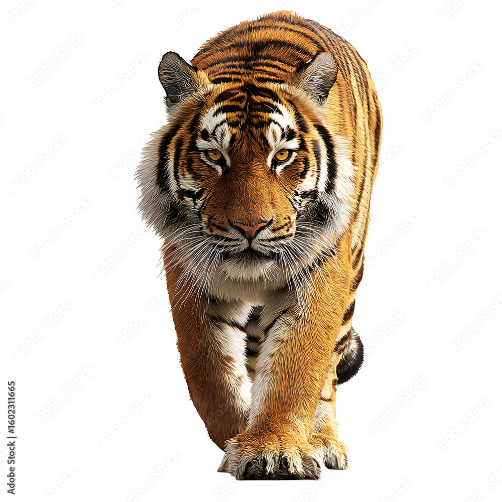Obraz premium Powerful tiger in low stalking posture and intense realism and jungle predator energy and isolated white background Batch realistic clean bright simple modern stock image isolated on plain backgrou