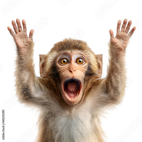 Primate monkey with excited face and raised hands and  surprised animal expression and  isolated white background Batch  realistic clean bright simple modern stock image isolated on plain background f