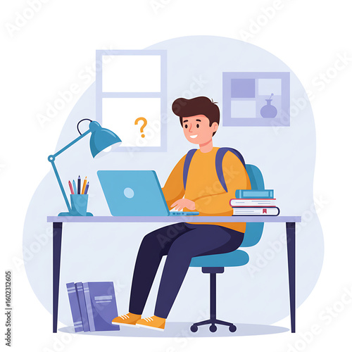 A young student sits at a desk, working on a laptop, surrounded by books and supplies, appearing focused on a task.