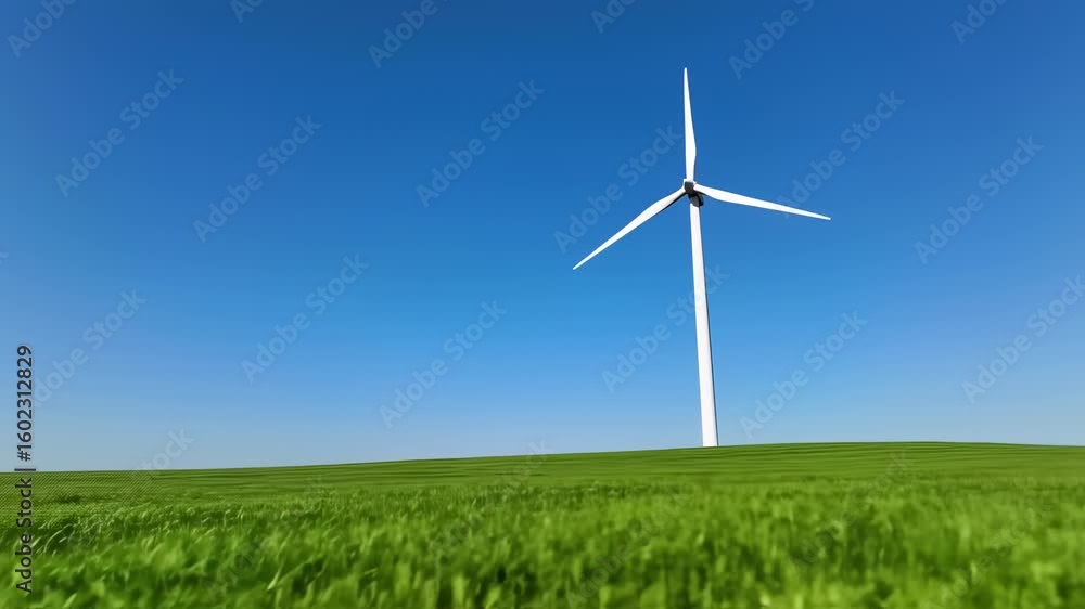 Wind Turbine Generating Clean Energy on Lush Green Field with Clear Blue Sky Wind Turbine Generating Clean Energy on Lush Green Field with Clear Blue Sky