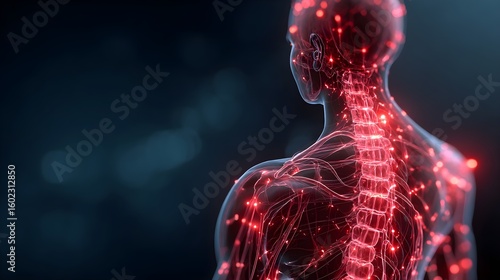Human body with glowing red pain points on neural pathways illustrating pain or nerve stimulation, set against a dark blue background	