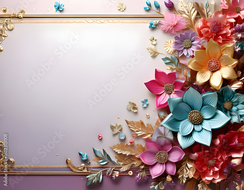 A decorative floral design with vibrant colors and an elegant frame for invitations.