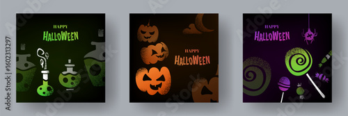 Set of Halloween square posters with grainy icons. Creative illustrations, silhouettes of potion bottles, pumpkins, sweets, spider. Spooky holiday decorations, greeting cards templates, vector covers.