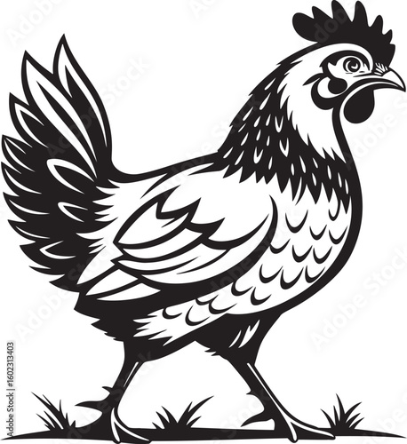 Black and white chicken walking on grass fowl poultry