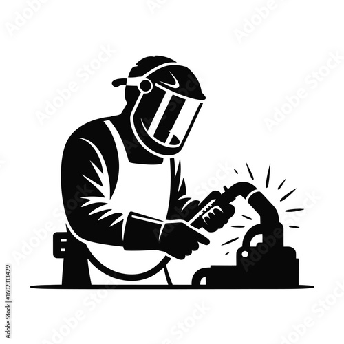 Welder working with welding equipment silhouette isolated on white background