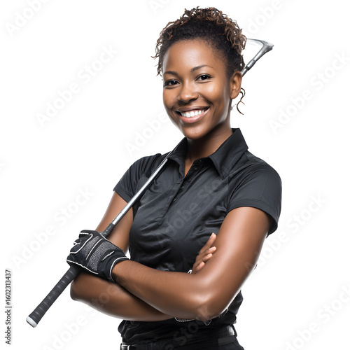 Professional Black African female golfer with golf club resting over shoulder and  confident stance and smile and  isolated white background Batch  realistic clean bright simple modern stock image iso