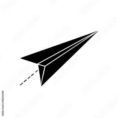 Simple black paper airplane in flight with a dashed line trail illustration icon vector