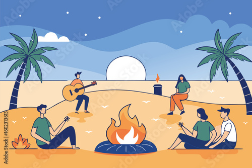 Group of Friends Enjoying Bonfire and Music at Relaxing Beach Setting