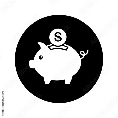 Black and white piggy bank illustration representing financial saving and investment icon vector