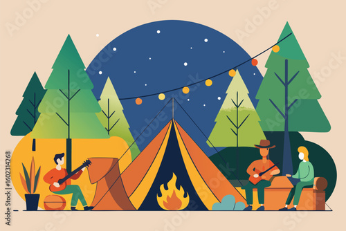 Group Camping Under the Stars With Guitars, Campfire, and Nighttime Forest