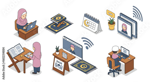 Isometric illustration depicting various scenarios of Islamic individuals engaging in digital activities.