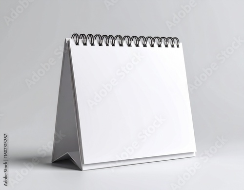  mockup of a blank white desk calendar, standing on a light grey background