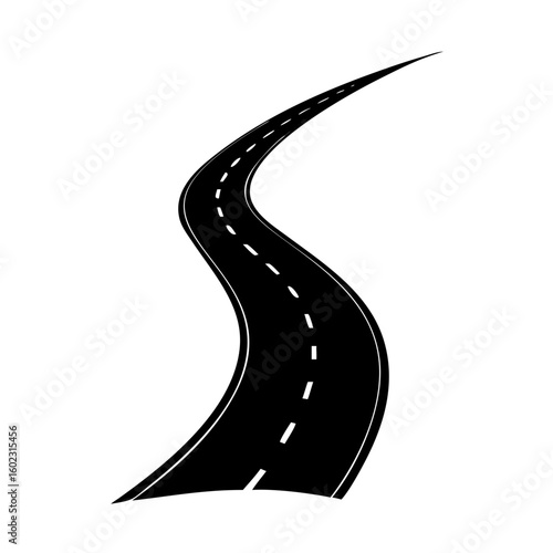 A winding road stretches into the distance with a modern black design icon vector