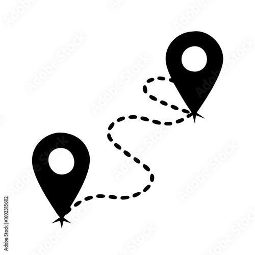 Navigation route with black location pointers and dotted line path marking trajectory icon vector