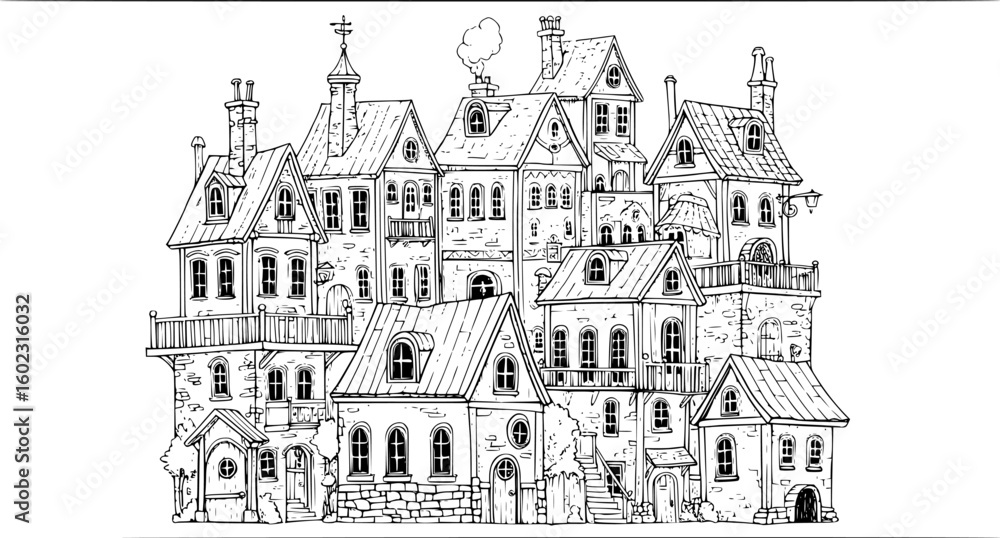 Obraz premium a whimsical cityscape in sketch style, featuring various stacked houses, black-and-white