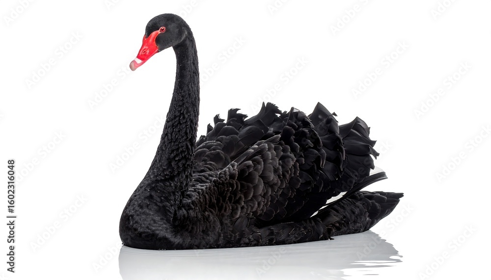 Fototapeta premium Elegant black swan with a vibrant red beak gracefully gliding on a serene white surface