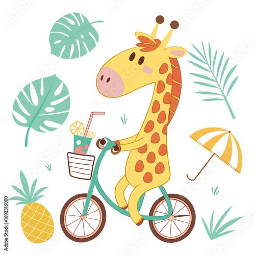 Bashful Giraffe with riding a bicycle, set in a charming Tropical theme – Tropical Vibes color vector art