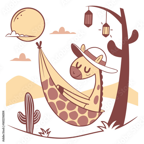 Sundown Glow colored Giraffe with a Bashful touch, placed in a Desert sunset theme and styled with in a hammock