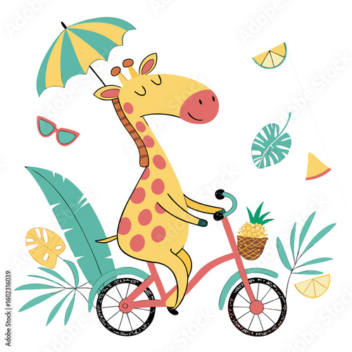 Bashful Giraffe with riding a bicycle, set in a charming Tropical theme – Tropical Vibes color vector art