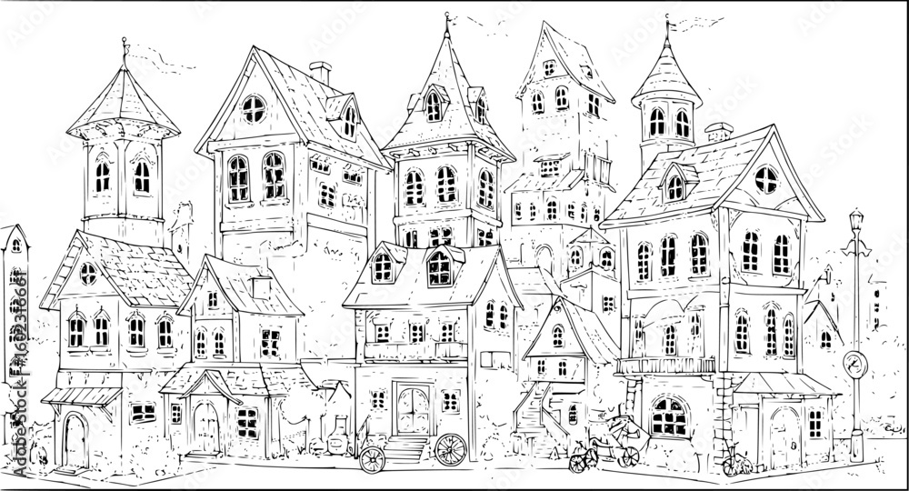Fototapeta premium a whimsical cityscape in sketch style, featuring various stacked houses, black-and-white
