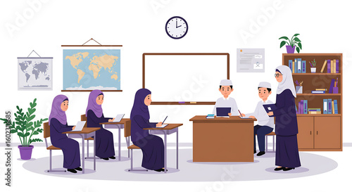A classroom scene depicting a teacher instructing students, with a world map displayed.