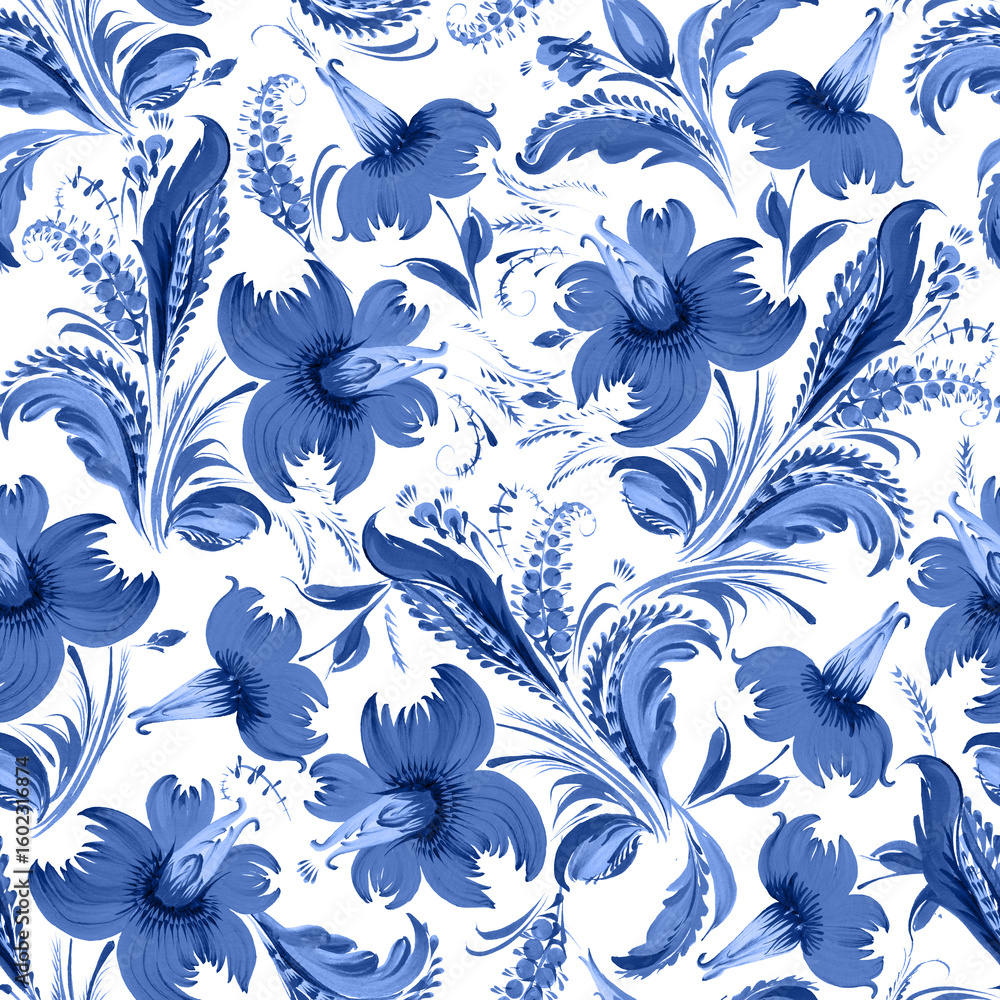 Obraz premium Floral seamless pattern of blue flowers and leaves on a white background