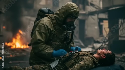 Wallpaper Mural Soldier in protective gear administering aid to an injured comrade amidst a war-torn urban landscape Torontodigital.ca