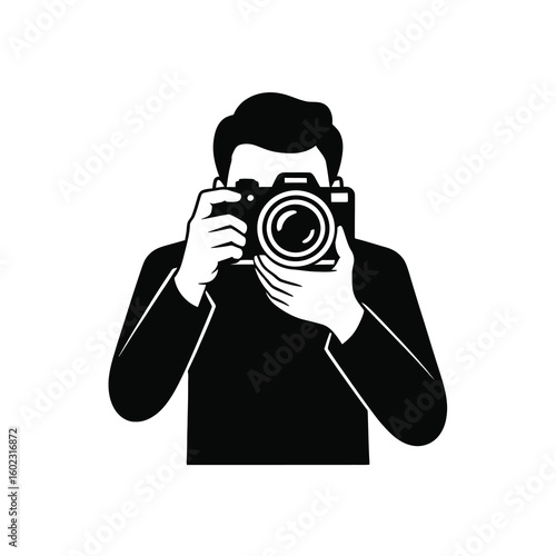 Man holding camera taking picture silhouette isolated on white background