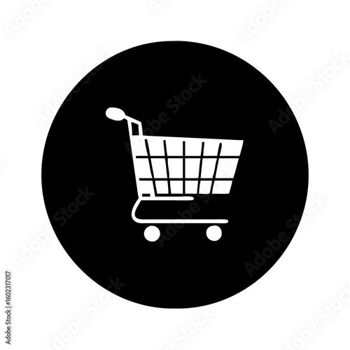 Minimalist Shopping Cart Icon in White on a Black Circular Background icon vector