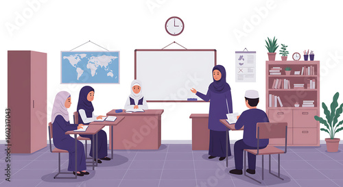 A teacher in a classroom explaining a lesson to students, all wearing hijabs.