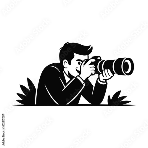 Man with camera taking a photo silhouette isolated on white background