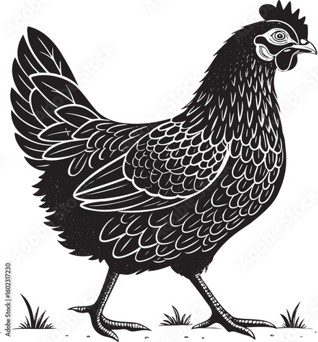 Black hen walking in grass chicken fowl