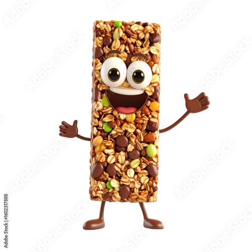 Cheerful Granola Bar Mascot: A charming granola bar mascot comes to life with a vibrant smile, arms outstretched in a friendly gesture.