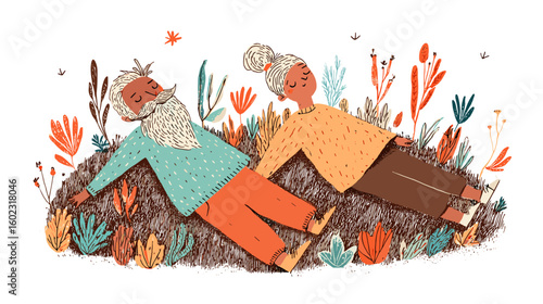 Fit elderly couple relaxing outdoors in colorful hand-drawn illustration  