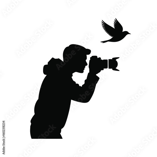 Silhouette of a photographer capturing a bird in flight isolated on white background silhouette