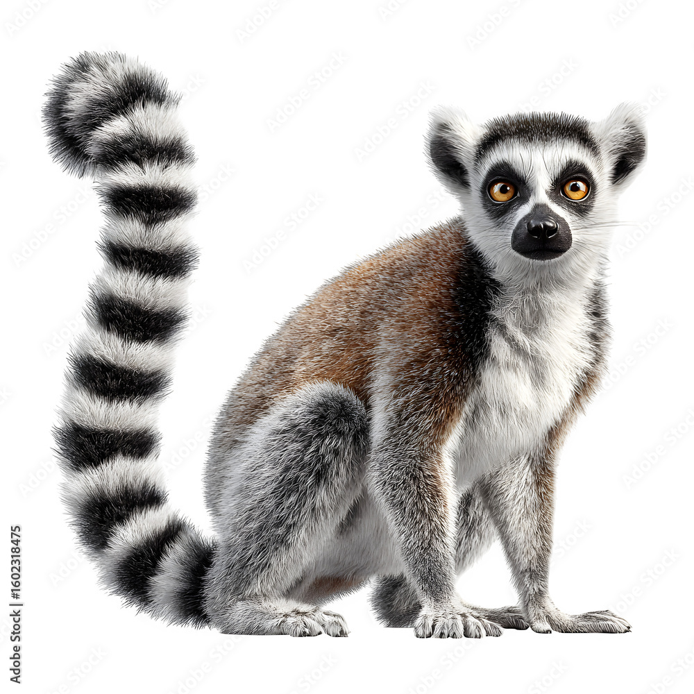 Fototapeta premium Ring-tailed lemur front-facing with curious expression and long striped tail curled behind and realistic texture and isolated white background Batch realistic clean bright simple modern stock imag