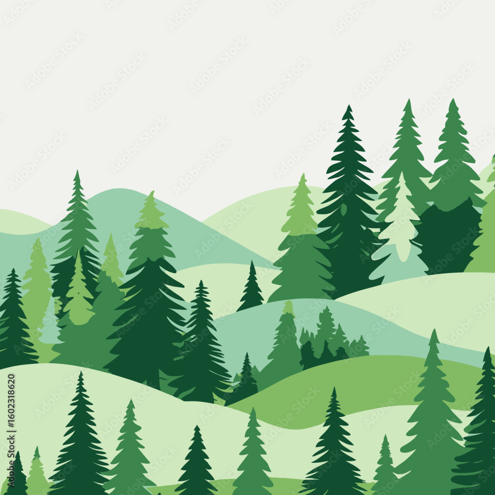 Obraz premium Minimalist Vector Forest Landscape with Evergreen Trees in Green Tones