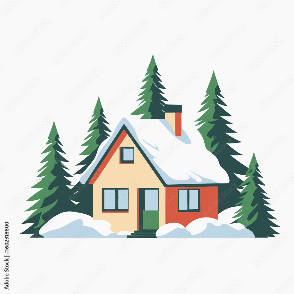 Fototapeta premium Vector Illustration of Cozy Cabin in Forest in Minimalist Style with Green Pine Trees and Snow