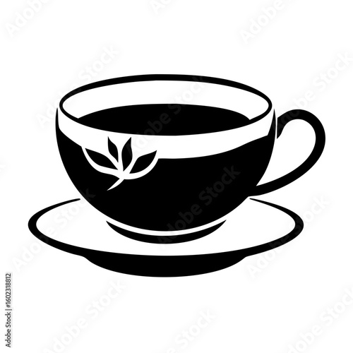Elegant black and white teacup with leaves on saucer vector image icon vector