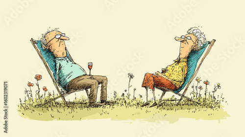 Fit elderly couple relaxing outdoors in deck chairs with wine  