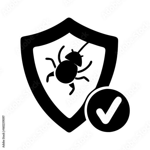 Bug shield protection security with checkmark assures that system is safe icon vector
