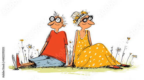 Fit elderly couple relaxing outdoors in hand-drawn flat vector style  
