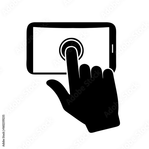 Black silhouette of a hand touching a digital tablet touchscreen interface icon vector