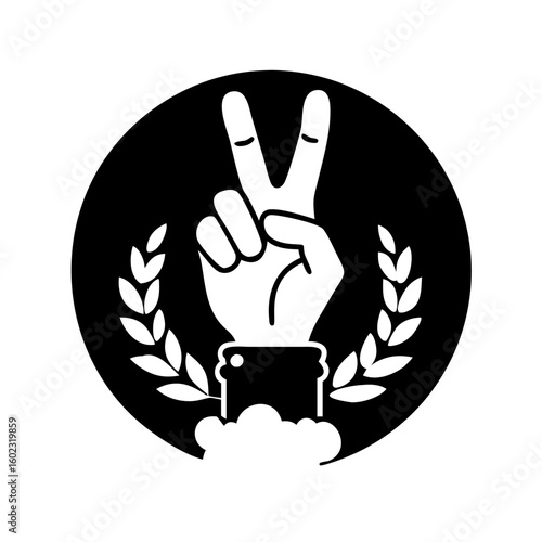 Victory Gesture with a Beverage Container Surrounded by Laurel Wreath Icon icon vector